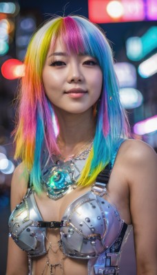 1girl,solo,long hair,breasts,looking at viewer,smile,bangs,blonde hair,bare shoulders,jewelry,medium breasts,blue hair,upper body,pink hair,multicolored hair,small breasts,necklace,armor,blurry,two-tone hair,lips,gradient hair,depth of field,blurry background,gem,realistic,bikini armor,bokeh,rainbow hair,black eyes,makeup