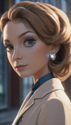 1girl,solo,looking at viewer,smile,short hair,brown hair,shirt,brown eyes,jewelry,closed mouth,upper body,earrings,indoors,mole,blurry,lips,eyelashes,mole under eye,makeup,blurry background,formal,suit,lipstick,gem,portrait,eyeshadow,freckles,nose,labcoat,eyeliner,jacket,necktie,collared shirt,artist name,from side,buttons,white jacket,light smile,pink lips,red lips,mascara