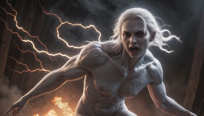 1girl,solo,long hair,breasts,looking at viewer,open mouth,navel,brown eyes,medium breasts,nipples,collarbone,white hair,nude,teeth,cloud,completely nude,makeup,muscular,fangs,scar,abs,fire,lipstick,genderswap,genderswap (mtf),smoke,veins,lightning,black lips,upper body,stomach,floating hair,cloudy sky,sharp teeth,angry,scar on face