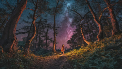 1girl, solo, long hair, standing, outdoors, sky, tree, night, grass, star (sky), nature, night sky, scenery, forest, starry sky, dark