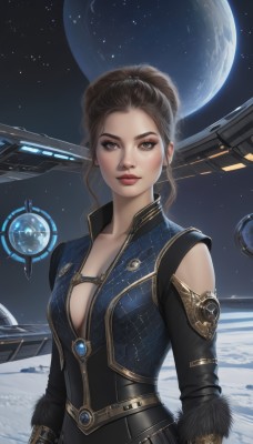 1girl,solo,breasts,looking at viewer,brown hair,cleavage,brown eyes,jewelry,medium breasts,upper body,sky,lips,clothing cutout,makeup,moon,cleavage cutout,star (sky),starry sky,science fiction,realistic,nose,red lips,space,planet,earth (planet),spacecraft,artist name,signature,hair bun,fur trim,bodysuit,lipstick,eyeshadow,freckles,center opening