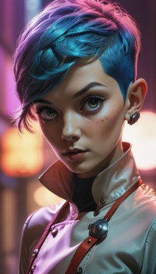 1girl,solo,looking at viewer,short hair,shirt,jewelry,closed mouth,green eyes,blue hair,jacket,upper body,multicolored hair,earrings,parted lips,artist name,mole,blurry,two-tone hair,lips,eyelashes,makeup,buttons,depth of field,blurry background,watermark,piercing,lipstick,ear piercing,portrait,web address,freckles,realistic,nose,stud earrings,mascara,bangs,pink hair,purple hair,signature,gradient hair,zipper,backlighting,high collar