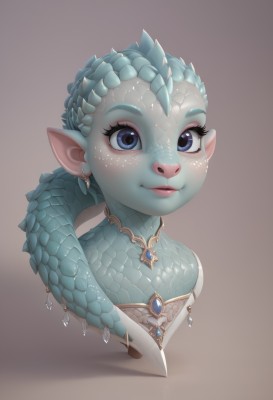 1girl,solo,looking at viewer,smile,blue eyes,simple background,jewelry,closed mouth,earrings,pointy ears,lips,eyelashes,colored skin,monster girl,portrait,freckles,brown background,blue skin,scales,upper body,braid,necklace,makeup,gem,nose,fins,fish girl,zora