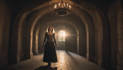 1girl,solo,long hair,looking at viewer,blonde hair,long sleeves,dress,standing,full body,indoors,black dress,sunlight,arms at sides,nun,light,candle,dark,wide shot,pillar,hallway,church,arch,chandelier,black hair,hood,window,shadow,scenery