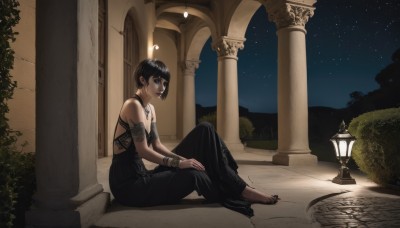 1girl,solo,breasts,looking at viewer,short hair,bangs,black hair,dress,cleavage,bare shoulders,jewelry,sitting,full body,earrings,outdoors,sky,barefoot,choker,blunt bangs,necklace,nail polish,black eyes,black dress,bracelet,feet,from side,tree,lips,toes,night,bob cut,plant,star (sky),black nails,night sky,armlet,starry sky,toenails,stairs,toenail polish,bush,lamppost,pillar,arch,column,tattoo,makeup,anklet,bangle