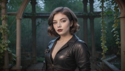 1girl,solo,breasts,looking at viewer,short hair,brown hair,cleavage,brown eyes,medium breasts,closed mouth,collarbone,jacket,upper body,small breasts,outdoors,day,blurry,lips,black jacket,makeup,blurry background,plant,lipstick,realistic,red lips,leather,leather jacket,black hair,underwear,parted lips,zipper