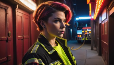 1girl,solo,short hair,blue eyes,brown hair,shirt,jewelry,jacket,upper body,red hair,earrings,outdoors,open clothes,open jacket,lips,black jacket,makeup,night,ground vehicle,motor vehicle,freckles,realistic,nose,green shirt,stud earrings,undercut,leather jacket,blurry,depth of field