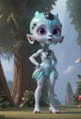 1girl,solo,breasts,looking at viewer,blue eyes,jewelry,standing,full body,small breasts,outdoors,parted lips,teeth,day,pointy ears,blurry,tree,lips,blurry background,colored skin,robot,monster girl,furry,hands on hips,blue skin,furry female,android,no pussy,alien,fewer digits,animal ears,earrings,yordle