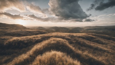 outdoors,sky,day,cloud,blue sky,no humans,sunlight,cloudy sky,grass,nature,scenery,mountain,horizon,field,landscape,mountainous horizon,hill,sunset,light rays,sun