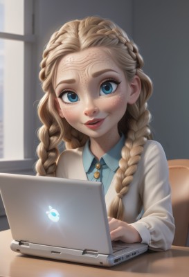 1girl,solo,long hair,looking at viewer,smile,blue eyes,blonde hair,shirt,long sleeves,sitting,upper body,braid,parted lips,collared shirt,artist name,indoors,blurry,twin braids,lips,window,makeup,blurry background,watermark,chair,table,cardigan,blue shirt,lipstick,hair over shoulder,web address,forehead,desk,freckles,realistic,nose,red lips,computer,laptop,tablet pc,white shirt,teeth,eyelashes,facial mark,thick eyebrows,aged down,casual,patreon username,forehead mark,mascara,deviantart username