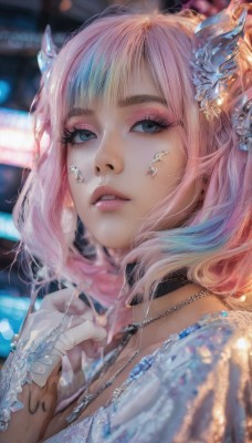 1girl,solo,looking at viewer,short hair,bangs,blue eyes,hair ornament,gloves,twintails,jewelry,upper body,pink hair,multicolored hair,parted lips,choker,artist name,white gloves,hand up,medium hair,necklace,blurry,lips,eyelashes,makeup,depth of field,blurry background,watermark,black choker,portrait,eyeshadow,realistic,nose,eyeliner,mascara,blue hair,horns,teeth,nail polish,streaked hair,tattoo,ring,gem,close-up