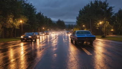 outdoors,sky,cloud,water,tree,no humans,night,cloudy sky,grass,ground vehicle,night sky,scenery,motor vehicle,reflection,car,road,bush,vehicle focus,lamppost,street,sports car,nature,forest,realistic,light,lights