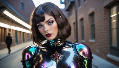 1girl,solo,looking at viewer,short hair,bangs,blue eyes,brown hair,black hair,upper body,outdoors,parted lips,solo focus,medium hair,blurry,lips,bodysuit,makeup,blurry background,bob cut,lipstick,building,science fiction,realistic,black bodysuit,red lips,breasts,day,shiny,skin tight,eyeshadow,shiny clothes,nose,eyeliner,latex,latex bodysuit