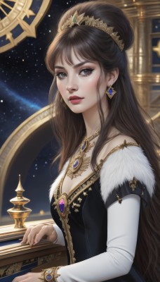 1girl,solo,long hair,breasts,looking at viewer,brown hair,black hair,long sleeves,dress,cleavage,bare shoulders,brown eyes,jewelry,closed mouth,upper body,earrings,small breasts,detached sleeves,necklace,hair bun,black eyes,black dress,from side,lips,fur trim,single hair bun,tiara,gem,star (sky),starry sky,bangs,hair ornament,medium breasts,sky,indoors,nail polish,night,realistic,red lips