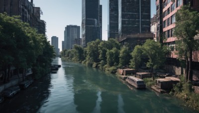 outdoors,sky,day,water,tree,blue sky,no humans,grass,plant,ground vehicle,building,scenery,motor vehicle,reflection,city,car,road,cityscape,ruins,bridge,river,skyscraper,moss,overgrown,real world location,post-apocalypse,window,bush,reflective water