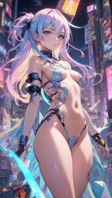 1girl,solo,long hair,breasts,looking at viewer,bangs,blue eyes,gloves,ribbon,navel,bare shoulders,jewelry,medium breasts,closed mouth,blue hair,standing,hair ribbon,ponytail,white hair,thighs,multicolored hair,cowboy shot,earrings,small breasts,outdoors,sky,black gloves,shiny,fingerless gloves,stomach,night,one side up,highleg,building,revealing clothes,night sky,city,blush,hair ornament,holding,two-tone hair,cameltoe,ground vehicle,arm strap,cyberpunk,neon lights