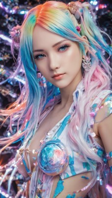 1girl,solo,long hair,breasts,looking at viewer,bangs,blue eyes,blonde hair,hair ornament,twintails,jewelry,medium breasts,closed mouth,blue hair,upper body,pink hair,multicolored hair,earrings,small breasts,blurry,two-tone hair,lips,parted bangs,eyelashes,aqua hair,gradient hair,makeup,gem,freckles,realistic,nose,rainbow hair,cleavage,artist name,watermark,lipstick,orb,mascara