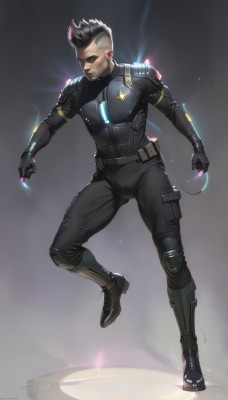 solo,short hair,black hair,gloves,1boy,full body,male focus,multicolored hair,boots,black gloves,pants,artist name,armor,bodysuit,muscular,glowing,black pants,science fiction,black bodysuit,undercut,white hair,shoulder pads,mohawk