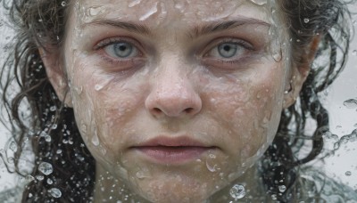 1girl,solo,long hair,looking at viewer,blue eyes,brown hair,black hair,closed mouth,water,lips,wet,grey eyes,eyelashes,portrait,close-up,water drop,realistic,nose,wet hair,white background,blurry,expressionless,straight-on