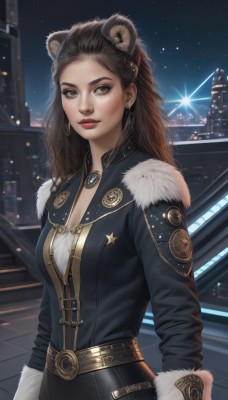 1girl,solo,long hair,breasts,looking at viewer,brown hair,long sleeves,animal ears,cleavage,brown eyes,jewelry,medium breasts,closed mouth,upper body,earrings,outdoors,sky,belt,mole,lips,coat,fur trim,mole under eye,makeup,night,lipstick,building,star (sky),night sky,hoop earrings,city,nose,red lips,lion ears,bear ears,black hair,jacket,artist name,necklace,extra ears,starry sky,realistic,leather