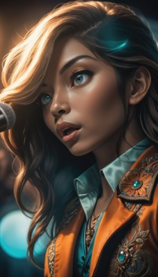 1girl,solo,long hair,blue eyes,blonde hair,brown hair,shirt,jewelry,upper body,multicolored hair,parted lips,teeth,collared shirt,necklace,blurry,vest,aqua eyes,lips,eyelashes,makeup,blurry background,gem,portrait,microphone,freckles,realistic,nose,open mouth,green eyes,jacket,earrings