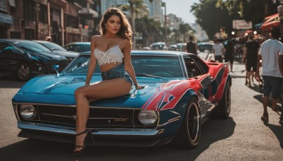 1girl,long hair,breasts,looking at viewer,brown hair,black hair,navel,cleavage,bare shoulders,brown eyes,jewelry,medium breasts,sitting,collarbone,earrings,outdoors,multiple boys,shorts,solo focus,day,midriff,dark skin,black footwear,blurry,high heels,bracelet,dark-skinned female,tree,lips,crop top,legs,short shorts,bare legs,makeup,blurry background,arm support,sandals,denim,ground vehicle,motor vehicle,camisole,denim shorts,realistic,spaghetti strap,car,road,cutoffs,vehicle focus,sports car,on vehicle,belt,nail polish,looking to the side,lipstick,building,strap slip,toenails,anklet,toenail polish,real world location