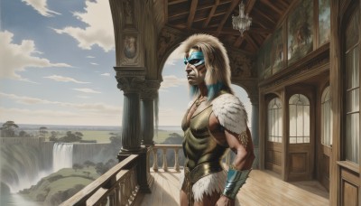 solo,1boy,jewelry,standing,white hair,male focus,outdoors,sky,day,cloud,water,necklace,armor,mask,muscular,facial hair,building,scenery,beard,stairs,clock,vambraces,bracer,pillar,waterfall,fountain,long hair,blonde hair,blue sky,fur trim,tattoo,cloudy sky,facepaint,architecture,statue,pelt