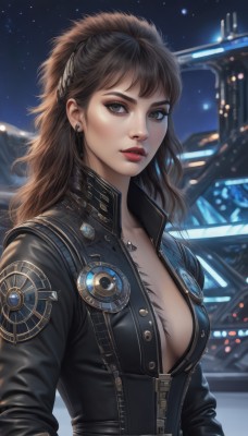 1girl,solo,long hair,breasts,looking at viewer,bangs,brown hair,cleavage,brown eyes,jewelry,medium breasts,collarbone,jacket,upper body,earrings,outdoors,parted lips,open clothes,sky,belt,necklace,blurry,lips,black jacket,eyelashes,no bra,tattoo,makeup,night,blurry background,lipstick,star (sky),night sky,zipper,starry sky,realistic,nose,unzipped,red lips,leather,black hair,open jacket,bodysuit,science fiction,eyeliner,leather jacket,open bodysuit