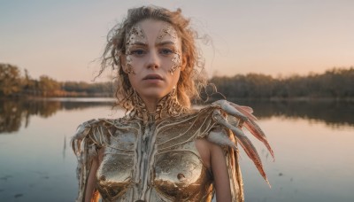 1girl,solo,long hair,looking at viewer,blue eyes,blonde hair,brown hair,closed mouth,upper body,outdoors,parted lips,water,armor,blurry,lips,blurry background,expressionless,shoulder armor,messy hair,pauldrons,breastplate,realistic,lake,breasts,sky,day,tree,floating hair,depth of field,feathers,wind,forehead,backlighting,reflection,curly hair,sunset,nose,straight-on,reflective water