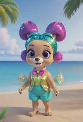 1girl,solo,looking at viewer,smile,open mouth,shirt,bow,animal ears,jewelry,standing,purple eyes,full body,purple hair,outdoors,wings,sky,shorts,barefoot,teeth,day,artist name,cloud,bowtie,water,necklace,hair bun,star (symbol),vest,bracelet,tree,blue sky,double bun,makeup,:3,blurry background,ocean,beach,happy,pink bow,child,furry,blue shorts,bandana,sand,palm tree,furry female,horizon,female child,animal nose,yellow vest