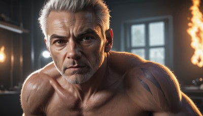 solo,looking at viewer,short hair,1boy,brown eyes,upper body,white hair,grey hair,male focus,nude,indoors,blurry,window,tattoo,muscular,blurry background,facial hair,scar,thick eyebrows,fire,pectorals,muscular male,portrait,bara,beard,scar on face,large pectorals,mature male,realistic,mustache,old,chest hair,old man,arm hair,scar on forehead,wrinkled skin,closed mouth,collarbone,lips,topless male,manly