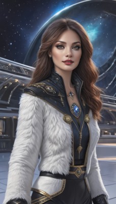 1girl,solo,long hair,breasts,looking at viewer,smile,brown hair,gloves,long sleeves,brown eyes,jewelry,jacket,earrings,parted lips,open clothes,sky,black gloves,belt,pants,necklace,lips,coat,fur trim,makeup,night,black pants,white jacket,lipstick,brooch,gem,star (sky),pendant,starry sky,freckles,realistic,nose,white coat,red lips,space,planet