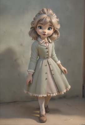 1girl,solo,looking at viewer,smile,blue eyes,blonde hair,brown hair,long sleeves,dress,standing,full body,pantyhose,hairband,frills,parted lips,shoes,artist name,signature,medium hair,blurry,black eyes,grey eyes,buttons,blurry background,blue dress,brown footwear,lipstick,child,white pantyhose,collared dress,red lips,female child,short hair,lips,makeup