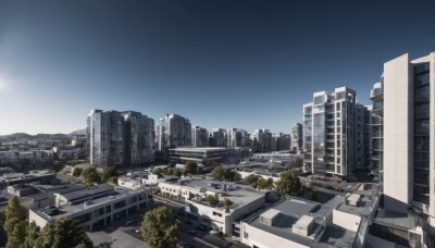 outdoors,sky,day,cloud,tree,blue sky,no humans,sunlight,building,scenery,city,sun,road,cityscape,bridge,river,skyscraper,real world location,landscape