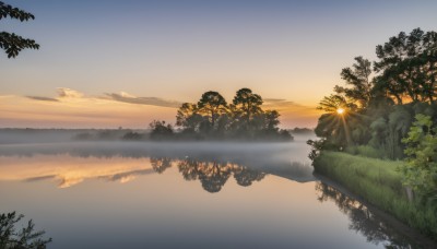 outdoors,sky,cloud,water,tree,no humans,sunlight,grass,plant,nature,scenery,forest,reflection,sunset,mountain,sun,horizon,river,landscape,lake,blue sky,bush,reflective water