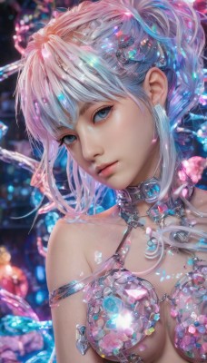 1girl,solo,long hair,breasts,looking at viewer,bangs,blue eyes,hair ornament,bare shoulders,jewelry,medium breasts,closed mouth,blue hair,upper body,ponytail,earrings,choker,blurry,lips,blurry background,gem,crystal,realistic,nose,cleavage,collarbone,pink hair,white hair,sidelocks,multicolored hair,shiny,artist name,collar,head tilt,eyelashes,watermark,expressionless,revealing clothes,web address