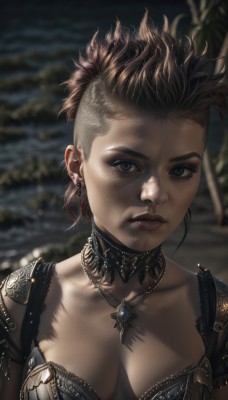 1girl,solo,breasts,looking at viewer,short hair,brown hair,cleavage,jewelry,medium breasts,closed mouth,collarbone,upper body,earrings,choker,necklace,armor,mole,blurry,black eyes,lips,grey eyes,eyelashes,blurry background,piercing,shoulder armor,ear piercing,portrait,pauldrons,realistic,nose,large breasts,brown eyes,parted lips,undercut,mohawk