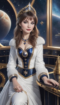 1girl,solo,long hair,breasts,looking at viewer,smile,bangs,brown hair,long sleeves,dress,cleavage,brown eyes,jewelry,medium breasts,sitting,earrings,necklace,star (symbol),nail polish,white dress,lips,coat,fur trim,makeup,ring,crossed legs,tiara,crown,gem,star (sky),starry sky,gold trim,realistic,aircraft,white coat,space,planet,earth (planet),globe,hat,sky,lipstick,black nails,red lips