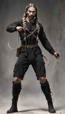 solo,long hair,looking at viewer,brown hair,shirt,long sleeves,1boy,brown eyes,standing,full body,braid,male focus,boots,shorts,belt,pants,grey background,black footwear,black eyes,twin braids,military,black shirt,military uniform,muscular,facial hair,black shorts,black pants,goggles,beard,goggles on head,pouch,mustache,blonde hair,black hair,multicolored hair,scar,knee boots,cross-laced footwear,realistic,lace-up boots,dirty