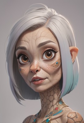 1girl,solo,looking at viewer,short hair,simple background,brown eyes,blue hair,upper body,white hair,grey hair,multicolored hair,parted lips,teeth,grey background,lips,eyelashes,gradient hair,makeup,portrait,freckles,science fiction,realistic,nose,cyborg,white background,jewelry