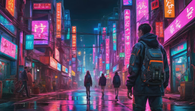 long hair, short hair, multiple girls, black hair, jacket, outdoors, multiple boys, pants, hood, bag, night, backpack, ground vehicle, building, scenery, reflection, walking, city, sign, road, dark, street, bicycle, neon lights