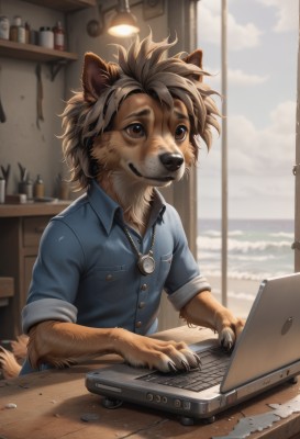 solo,smile,brown hair,shirt,1boy,animal ears,brown eyes,jewelry,tail,upper body,male focus,day,collared shirt,artist name,cloud,indoors,signature,necklace,blurry,window,buttons,blurry background,bottle,blue shirt,messy hair,claws,furry,desk,sleeves rolled up,freckles,pocket,breast pocket,furry male,computer,male child,body fur,animal nose,laptop,snout,brown fur,sitting,short sleeves,teeth,no humans,watermark,web address,light bulb