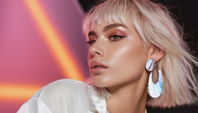 1girl,solo,short hair,open mouth,bangs,blue eyes,blonde hair,shirt,jewelry,white shirt,white hair,earrings,parted lips,teeth,lips,grey eyes,eyelashes,makeup,thick eyebrows,portrait,eyeshadow,realistic,nose,blurry,blurry background,looking away,sunlight,close-up,looking afar