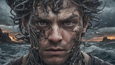 1girl,solo,looking at viewer,short hair,black hair,1boy,brown eyes,closed mouth,male focus,outdoors,sky,cloud,water,lips,wet,ocean,cloudy sky,portrait,close-up,rain,sunset,mountain,realistic,straight-on,waves,floating hair,facial hair,scar,wind,messy hair,serious,stubble