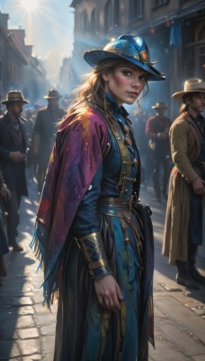 1girl,long hair,looking at viewer,blush,brown hair,long sleeves,hat,dress,brown eyes,jewelry,closed mouth,standing,braid,outdoors,parted lips,multiple boys,necktie,solo focus,day,belt,cape,lips,coat,blue dress,facial hair,formal,sunlight,building,faceless,backlighting,freckles,walking,6+boys,4boys,faceless male,city,realistic,nose,sun,bracer,crowd,mole above mouth,necklace,people