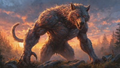 solo,red eyes,tail,weapon,outdoors,sky,teeth,sword,cloud,tree,orange eyes,no humans,glowing,animal,fangs,cloudy sky,sharp teeth,all fours,nature,glowing eyes,claws,forest,sunset,monster,rock,sun,giant,wolf,furry,werewolf