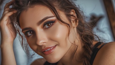 1girl,solo,long hair,looking at viewer,smile,brown hair,brown eyes,parted lips,teeth,blurry,lips,makeup,blurry background,tank top,messy hair,portrait,hand in own hair,realistic,nose,open mouth,bare shoulders,dark skin,dark-skinned female,eyelashes,close-up,reflection,mirror