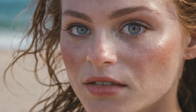 1girl,solo,long hair,looking at viewer,blue eyes,blonde hair,brown hair,parted lips,teeth,blurry,lips,grey eyes,eyelashes,depth of field,blurry background,portrait,close-up,realistic,nose,brown eyes,green eyes,outdoors,floating hair,wind,freckles