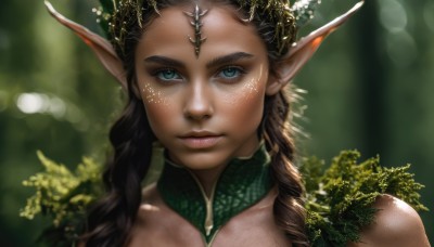 1girl,solo,long hair,looking at viewer,blue eyes,brown hair,hair ornament,bare shoulders,closed mouth,green eyes,braid,pointy ears,blurry,twin braids,lips,depth of field,blurry background,plant,elf,portrait,freckles,circlet,realistic,nose,black hair,upper body,eyelashes,detached collar,leaf,sunlight,nature,close-up,forest,bokeh