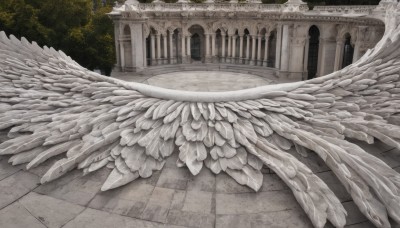 outdoors,tree,no humans,traditional media,building,scenery,stairs,architecture,pillar,statue,arch,column,solo,1boy,wings,sky,feathers,feathered wings,angel wings,white wings,grey theme